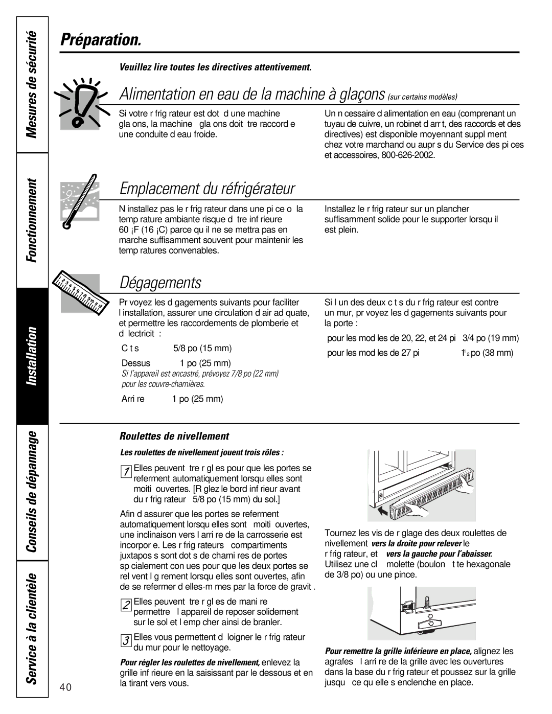 GE 16207744P008 owner manual Préparation, Dégagements, Installation, Service à la clientèle Conseils de dépannage 