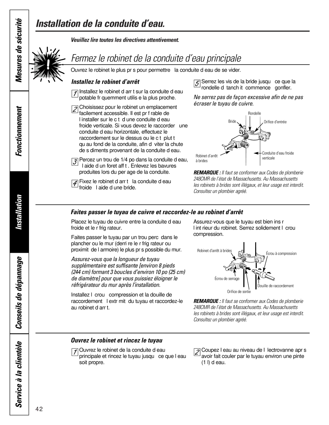 GE 16207744P008 owner manual De dépannage, Conseils, Installez le robinet d’arrêt, Ouvrez le robinet et rincez le tuyau 