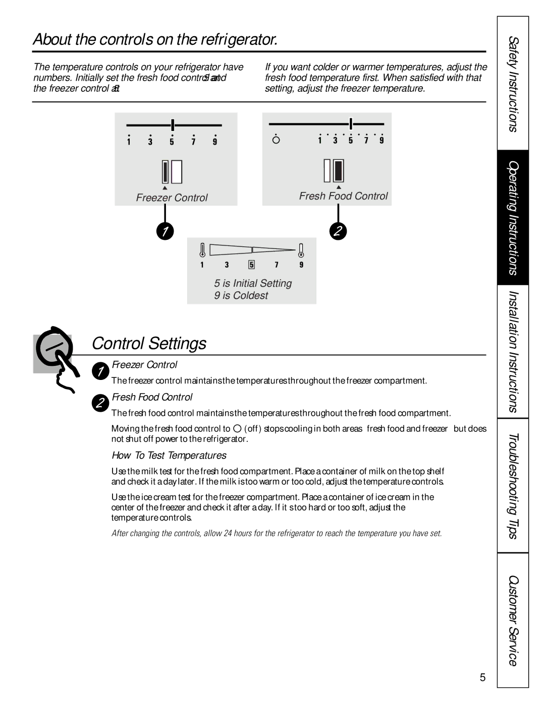 GE 16207744P008 owner manual About the controls on the refrigerator, Control Settings, Freezer Control, Fresh Food Control 