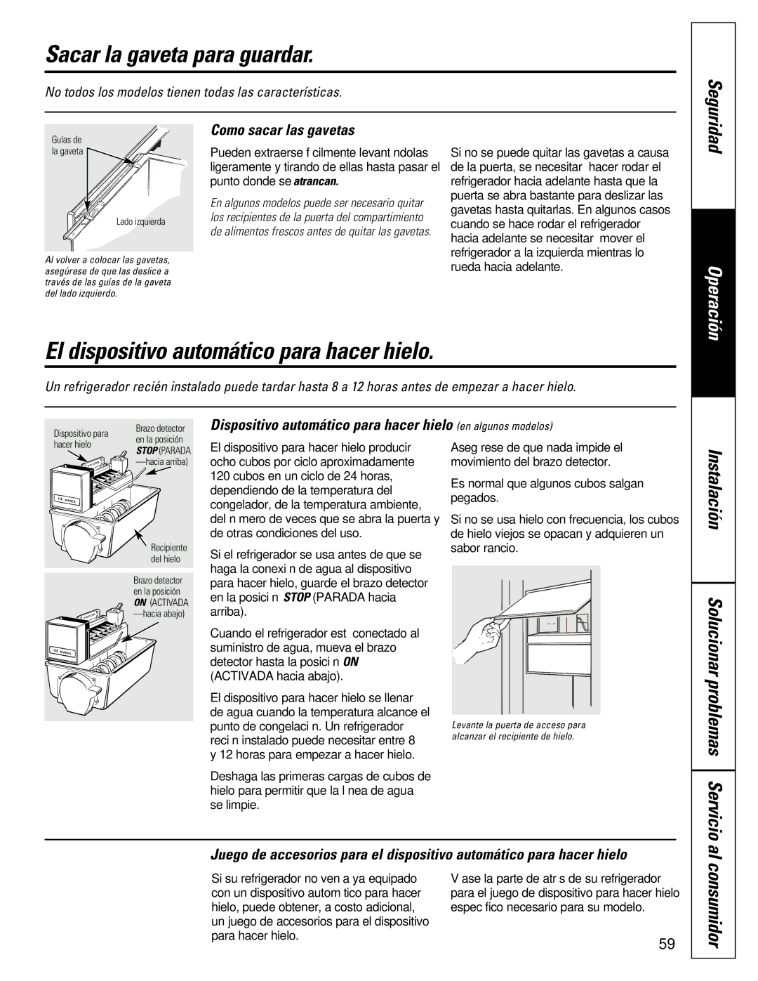 GE 16207744P008 Sacar la gaveta para guardar, El dispositivo automático para hacer hielo, Solucionar problemas Servicio 