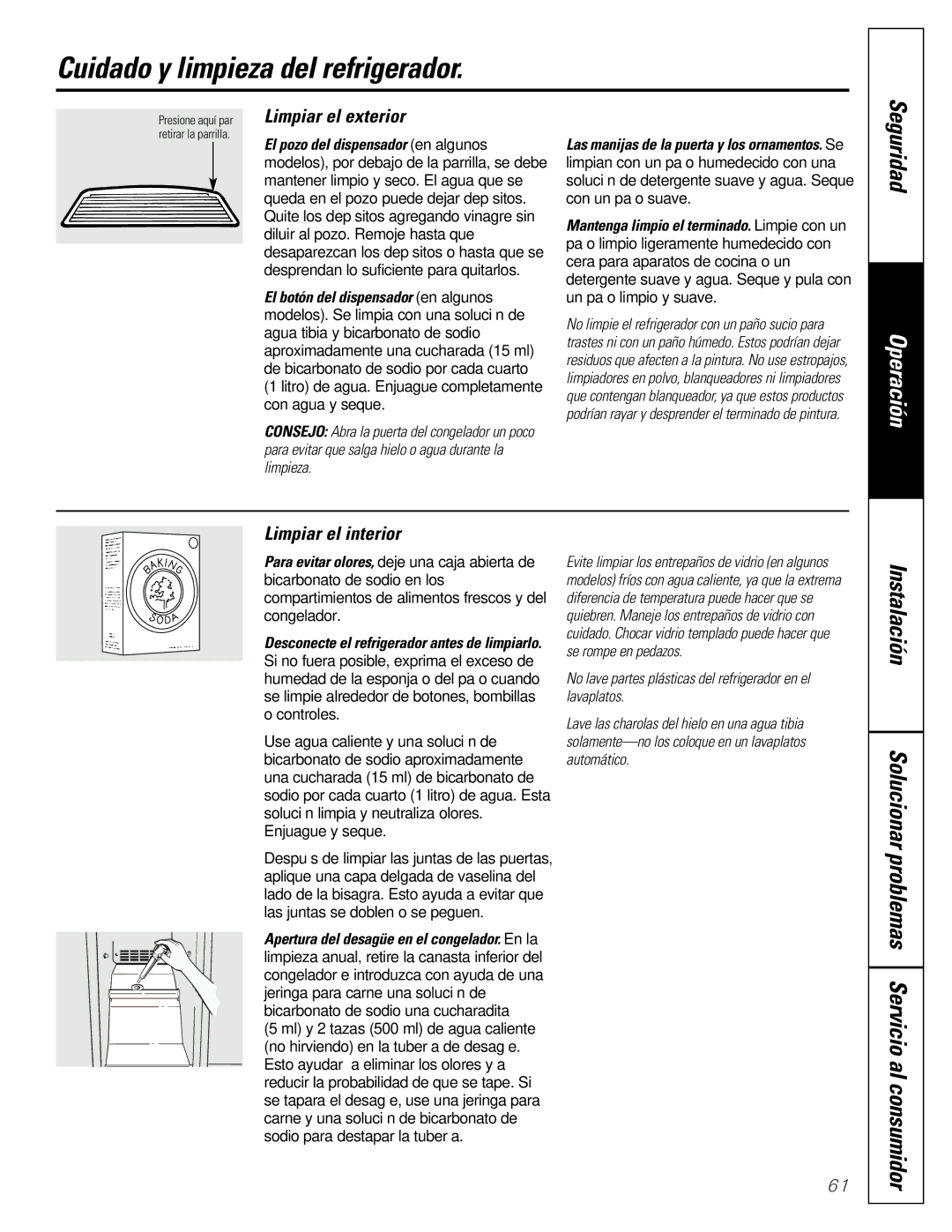 GE 16207744P008 owner manual Cuidado y limpieza del refrigerador, Limpiar el exterior, Limpiar el interior 