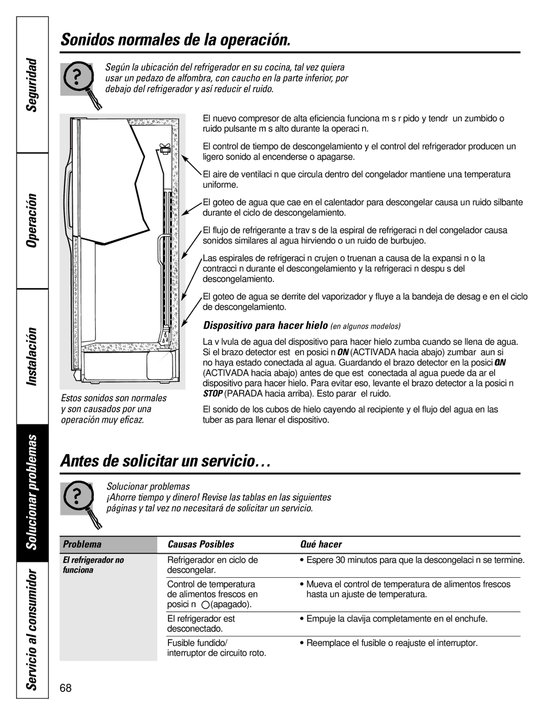 GE 16207744P008 owner manual Sonidos normales de la operación, Antes de solicitar un servicio…, Operación Instalación 