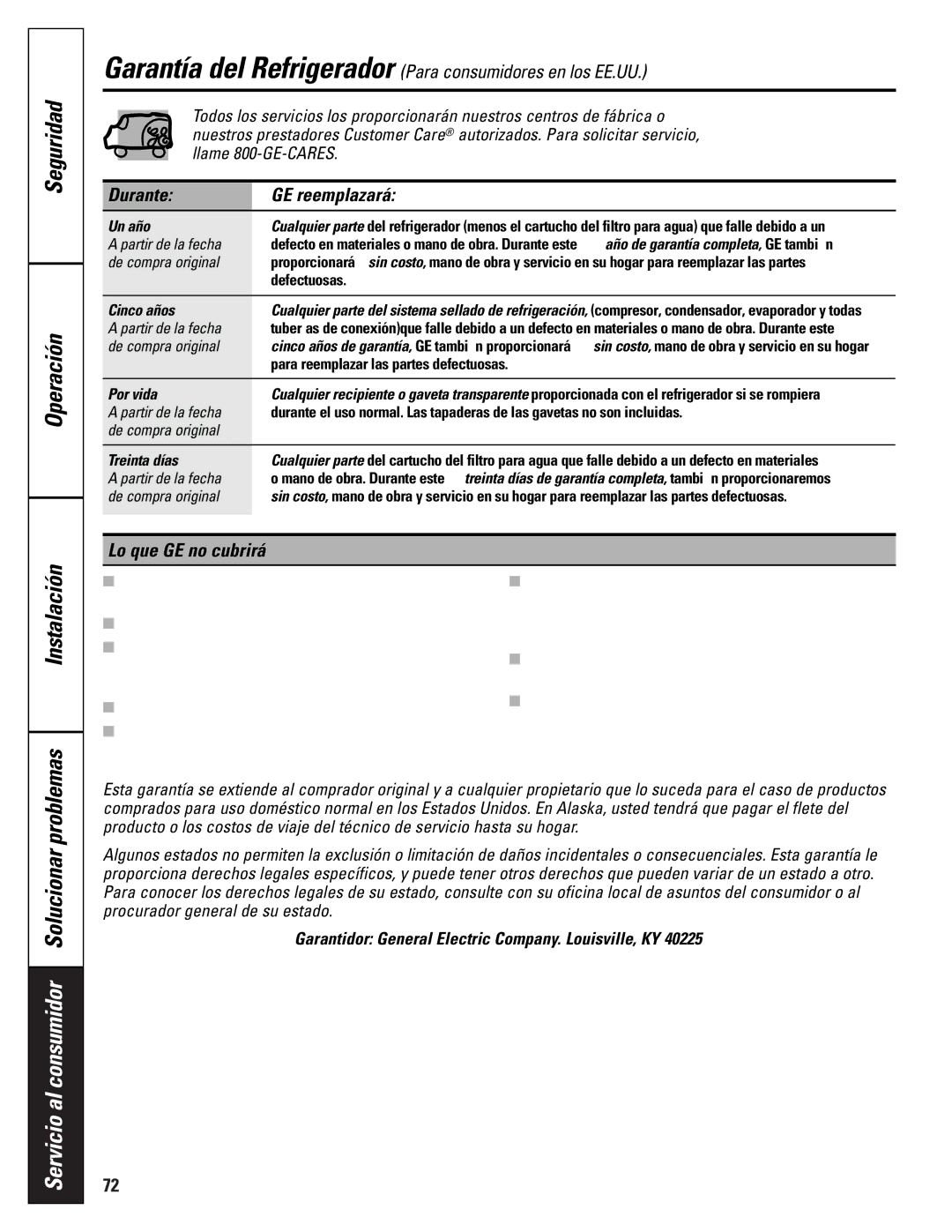 GE 16207744P008 owner manual Instalación, Durante GE reemplazará, Lo que GE no cubrirá 