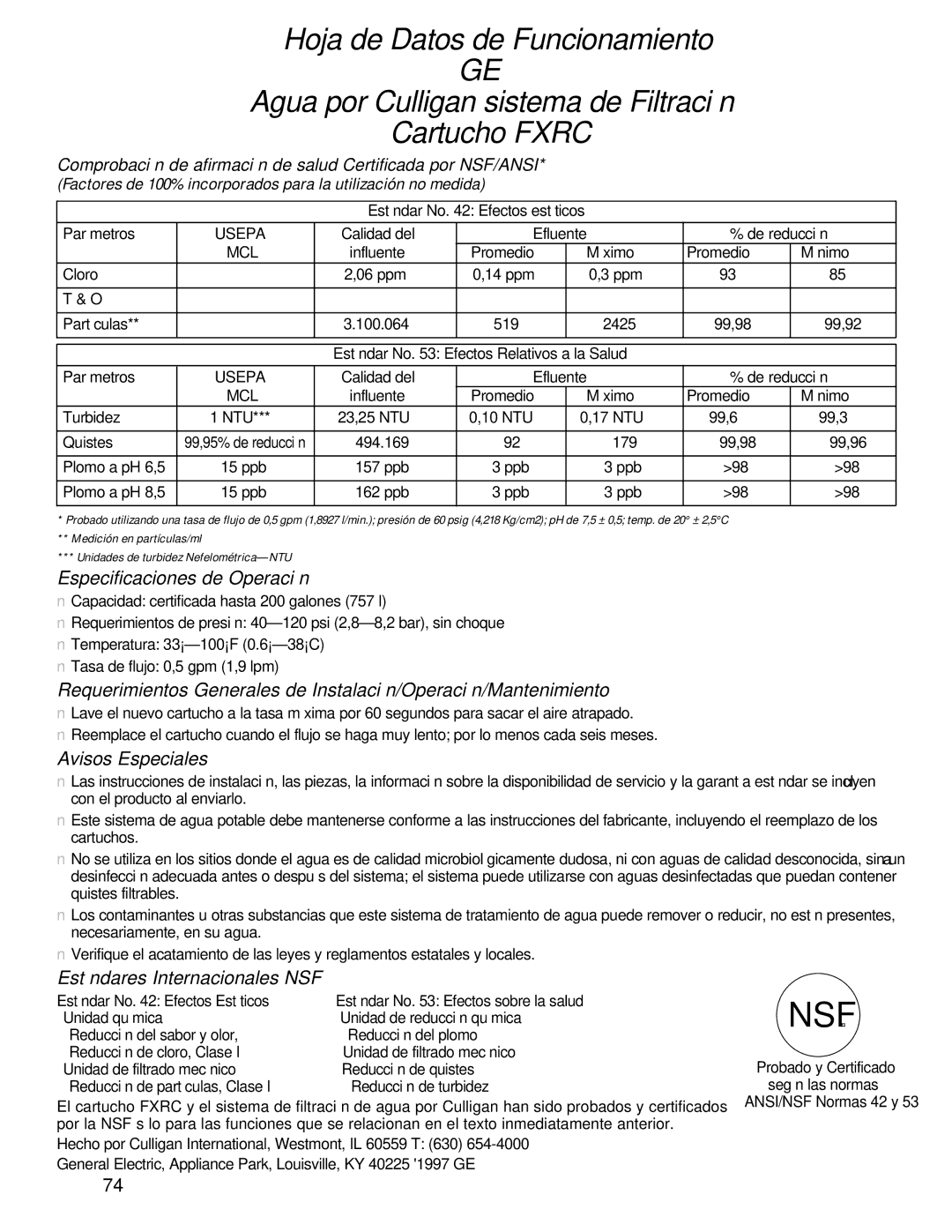 GE 16207744P008 owner manual Especificaciones de Operación, Avisos Especiales, Estándares Internacionales NSF 