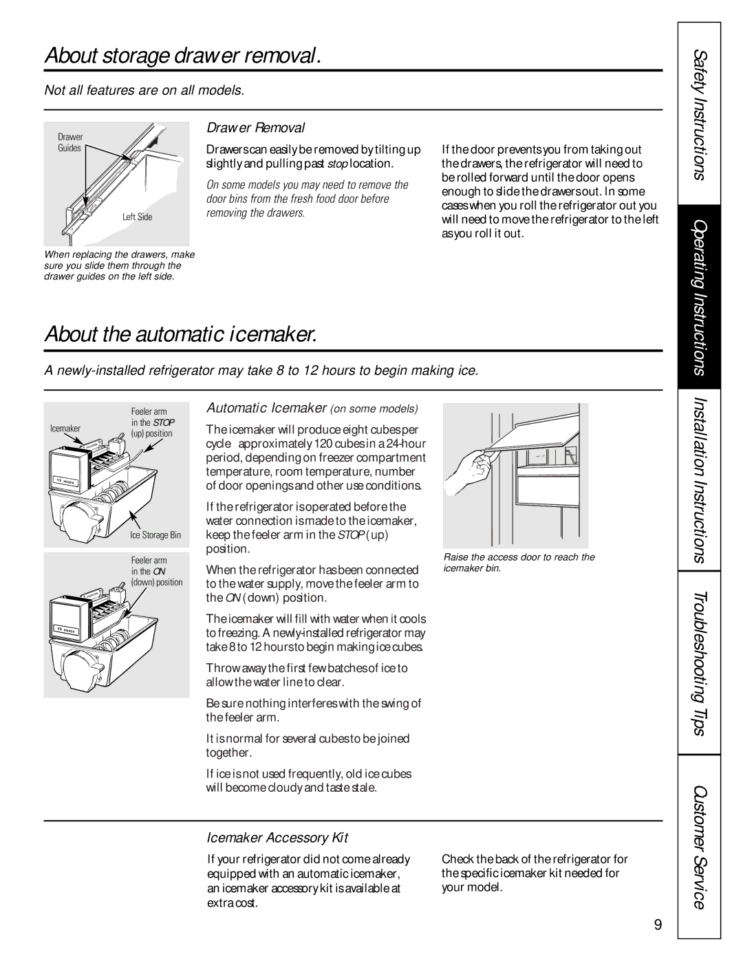 GE 16207744P008 About storage drawer removal, About the automatic icemaker, Safety, Instructions Operating, Service 