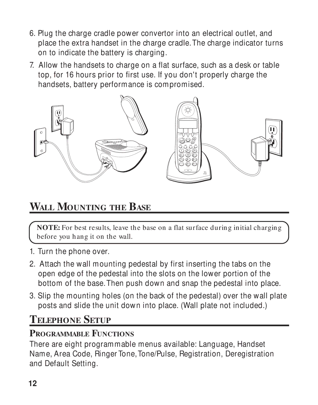 GE 16223870 manual Wall Mounting the Base, Telephone Setup 