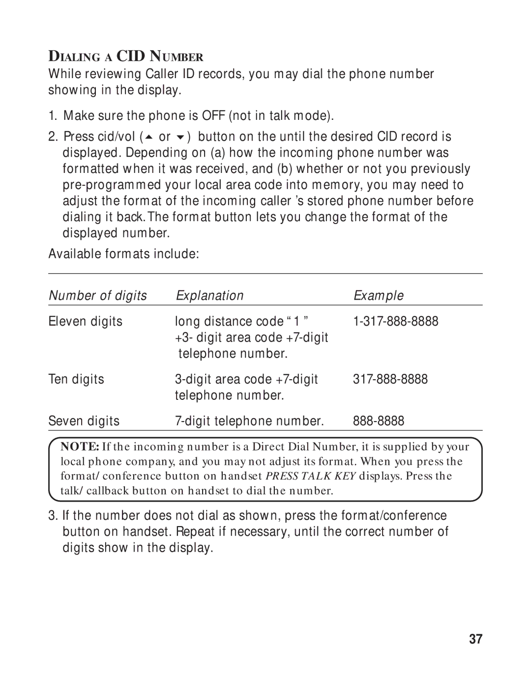 GE 16223870 manual Dialing a CID Number 