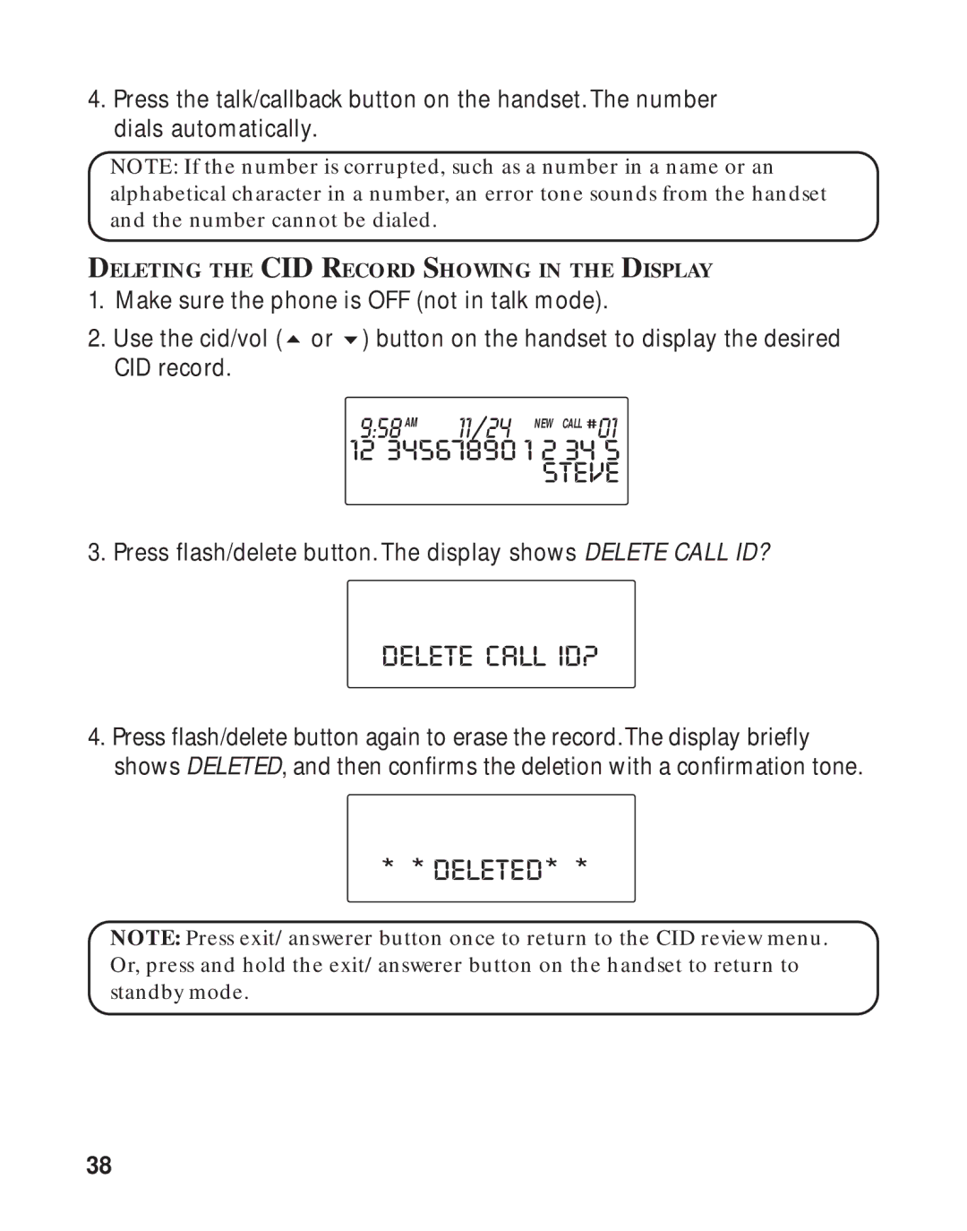 GE 16223870 manual Delete Call ID?, Deleted 