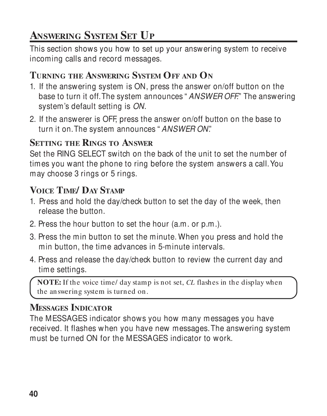 GE 16223870 manual Answering System SET UP 