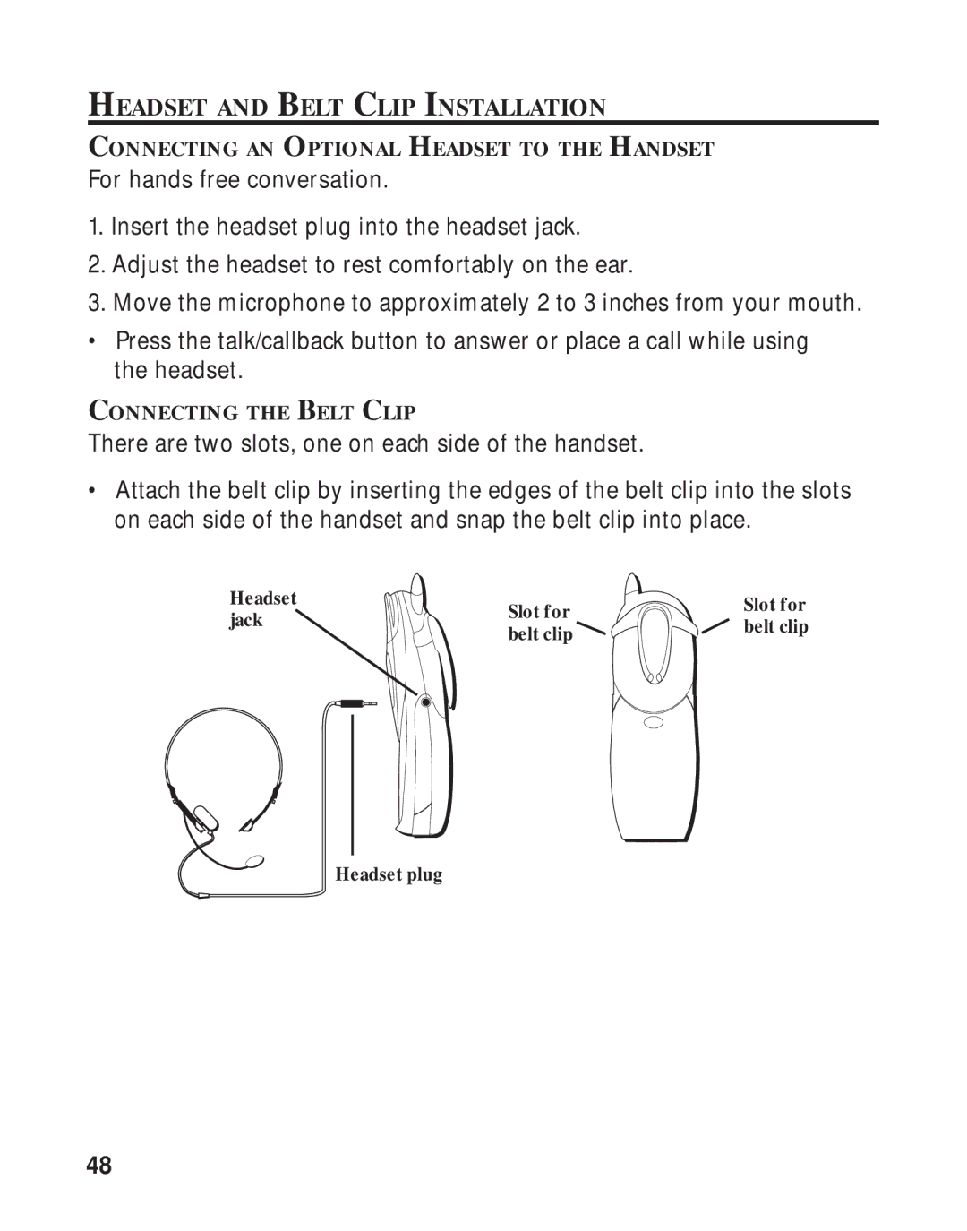 GE 16223870 manual Headset and Belt Clip Installation 