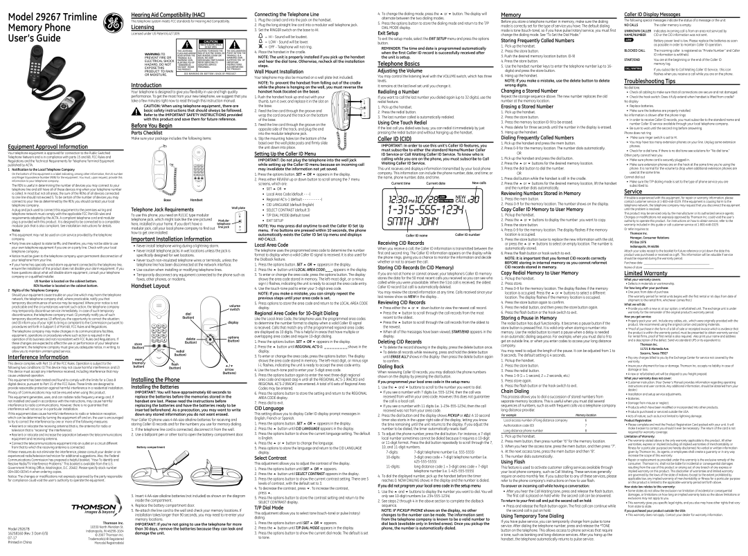 GE 29267B warranty Parts Checklist, Installing the Batteries, Connecting the Telephone Line, Wall Mount Installation 