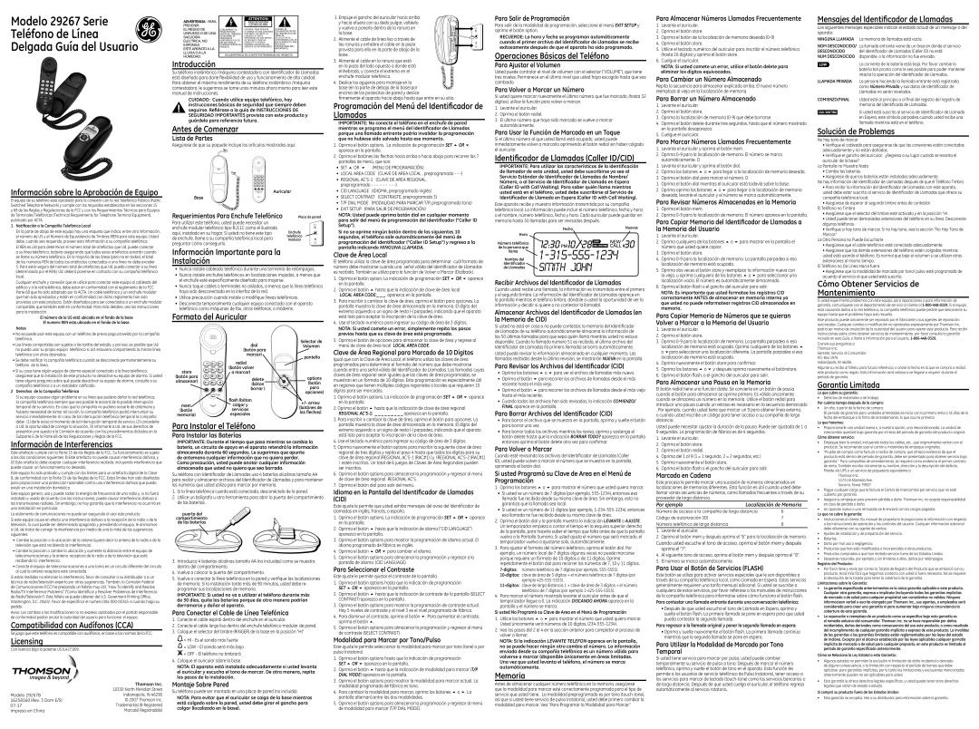 GE 16258160 Lista de Partes, Para Instalar las Baterías, Para Conectar el Cable de Línea Telefónica, Montaje Sobre Pared 