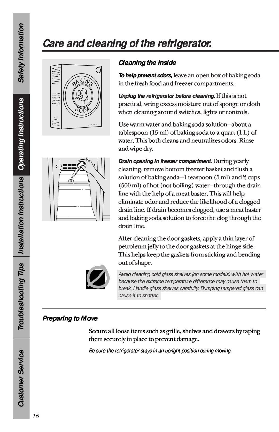 GE 162D3941P005 owner manual Cleaning the Inside, Preparing to Move, Care and cleaning of the refrigerator 