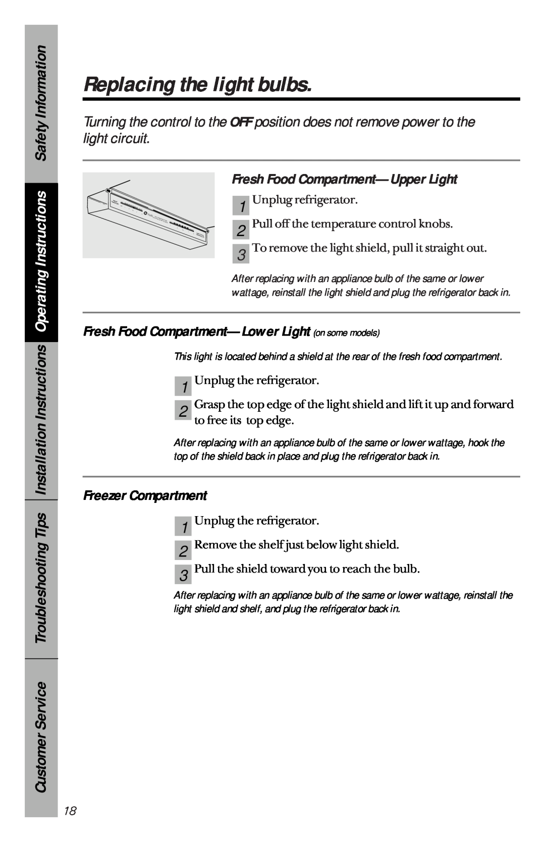 GE 162D3941P005 Replacing the light bulbs, Fresh Food Compartment—UpperLight, Freezer Compartment, Safety Information 