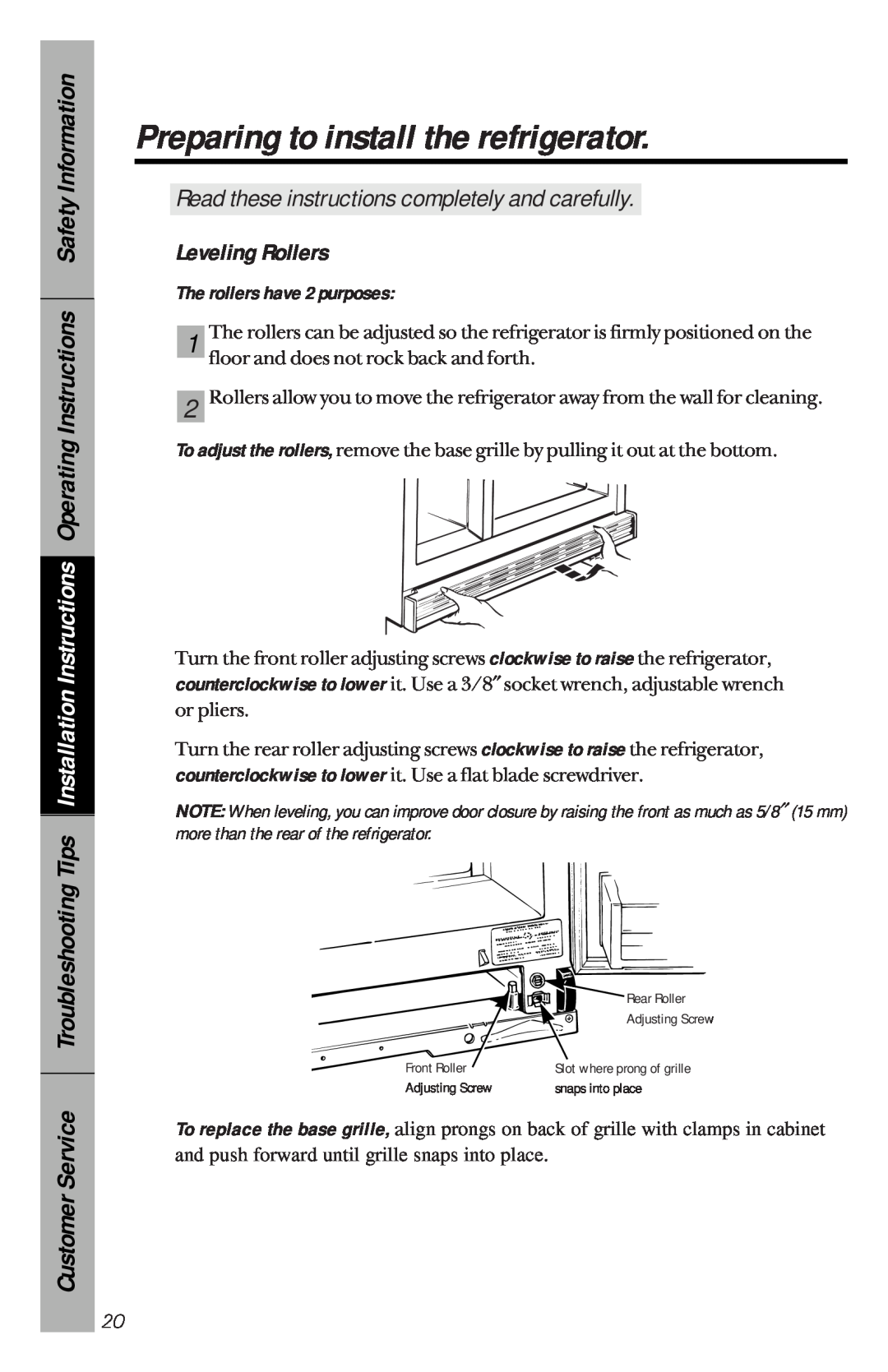 GE 162D3941P005 Leveling Rollers, Preparing to install the refrigerator, Read these instructions completely and carefully 