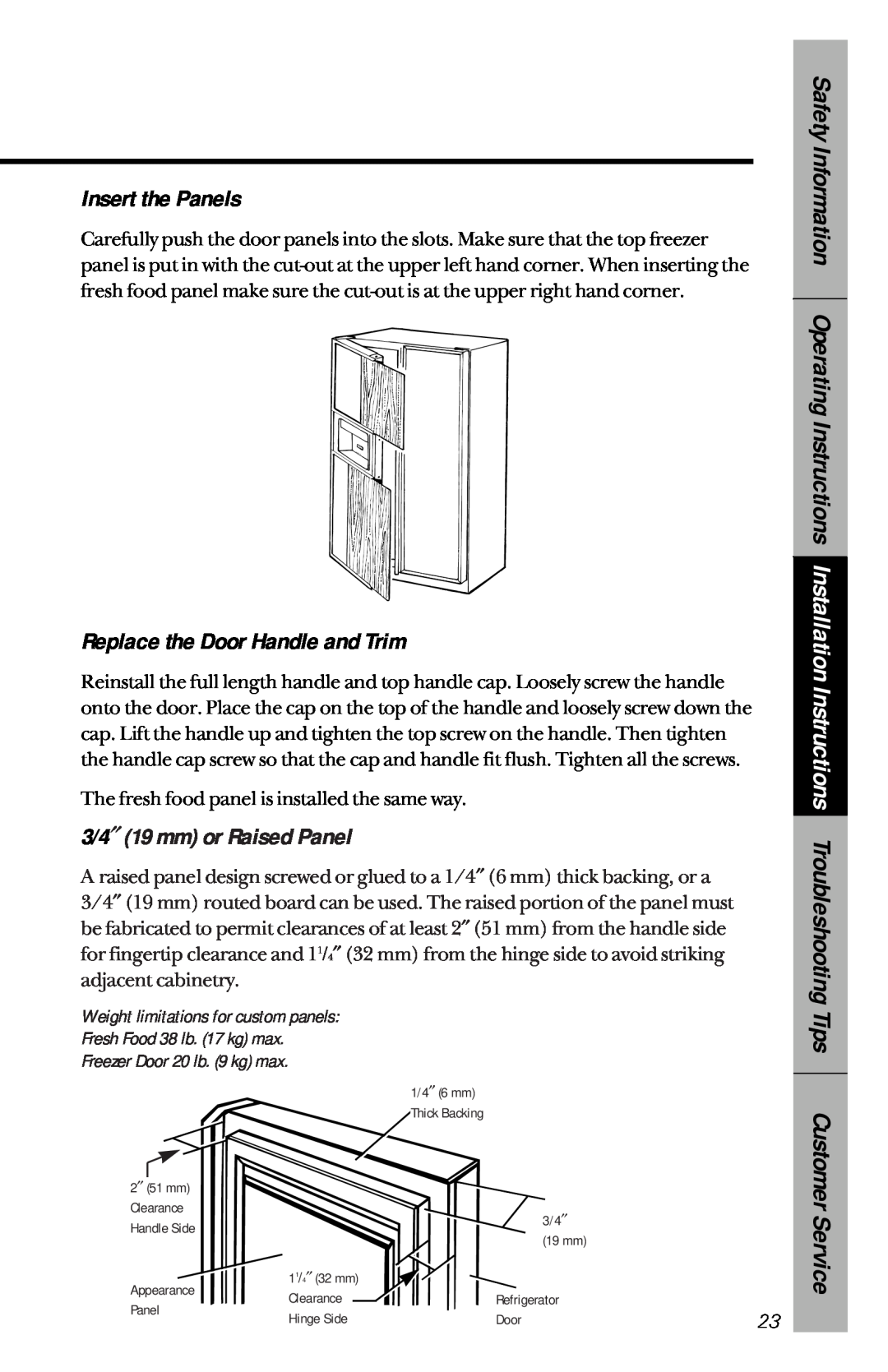 GE 162D3941P005 owner manual Insert the Panels, Replace the Door Handle and Trim, 3/4″ 19 mm or Raised Panel 