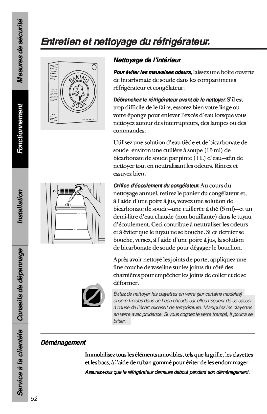 GE 162D3941P005 owner manual Nettoyage de l’intérieur, Déménagement, Entretien et nettoyage du réfrigérateur 