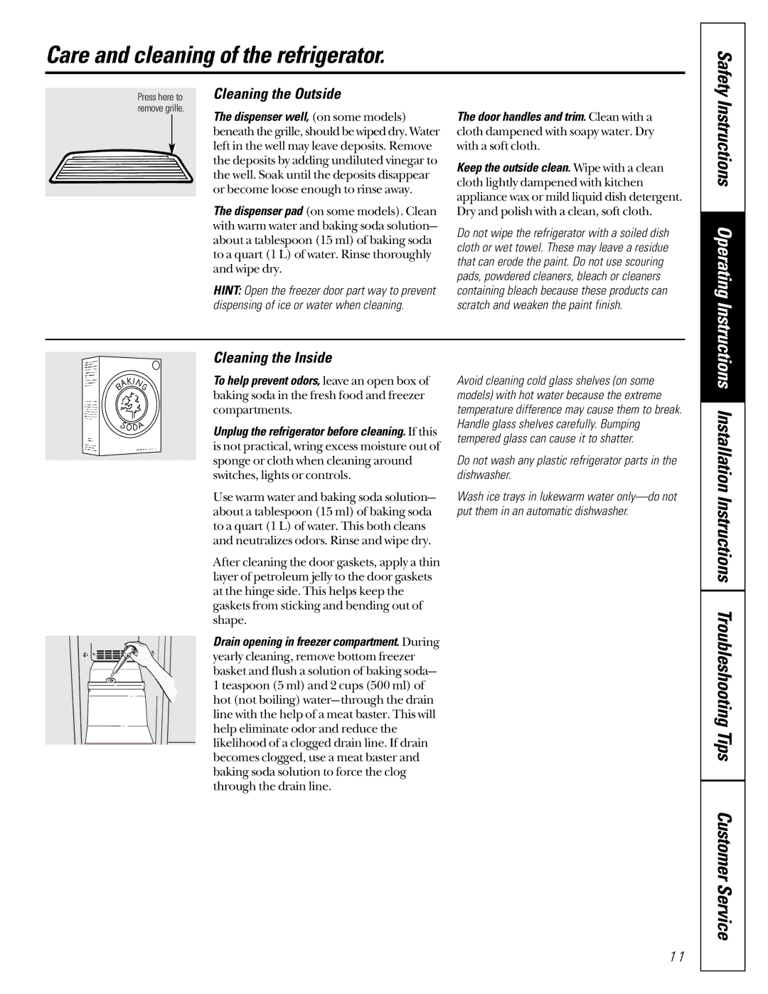 GE 162D6733P007 Care and cleaning of the refrigerator, Installation Instructions Troubleshooting Tips, Cleaning the Inside 