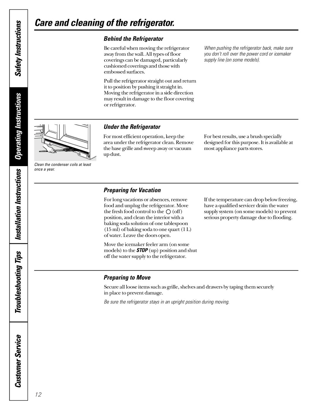 GE 162D6733P007 owner manual TroubleshootingTips CustomerService, Behind the Refrigerator, Preparing to Move 