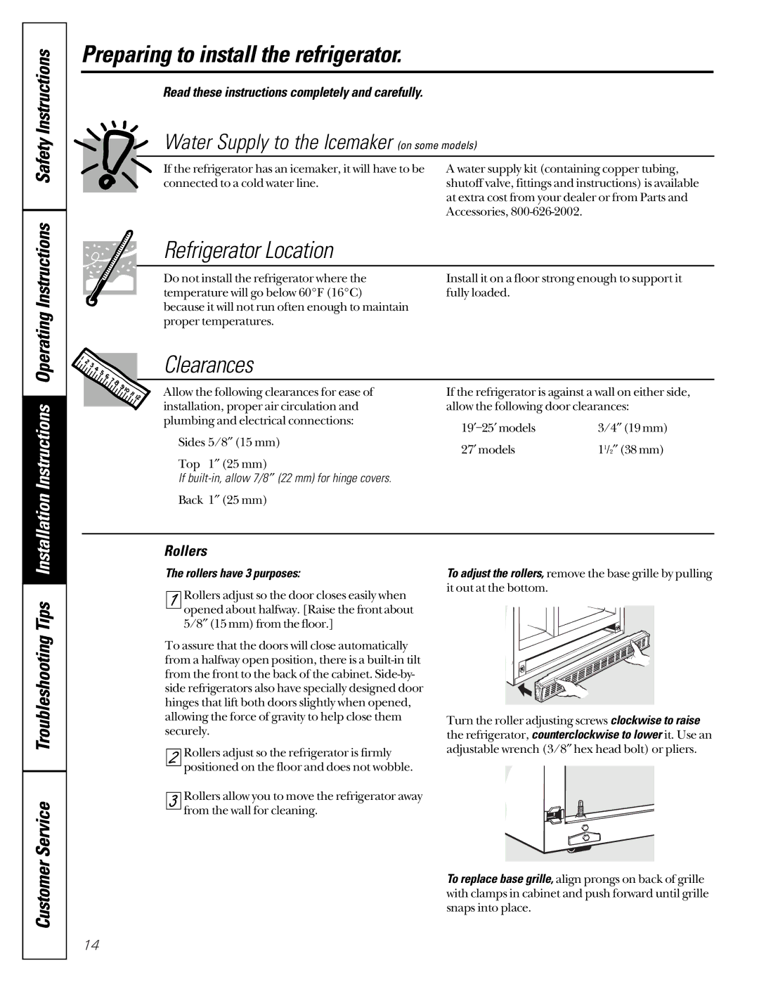 GE 162D6733P007 owner manual Preparing to install the refrigerator, Refrigerator Location, Clearances, Rollers 