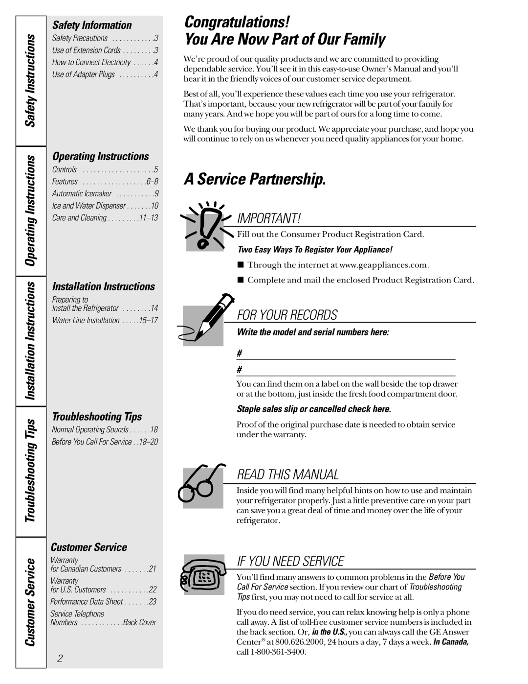 GE 162D6733P007 owner manual Congratulations You Are Now Part of Our Family, Service Partnership, Customer Service 