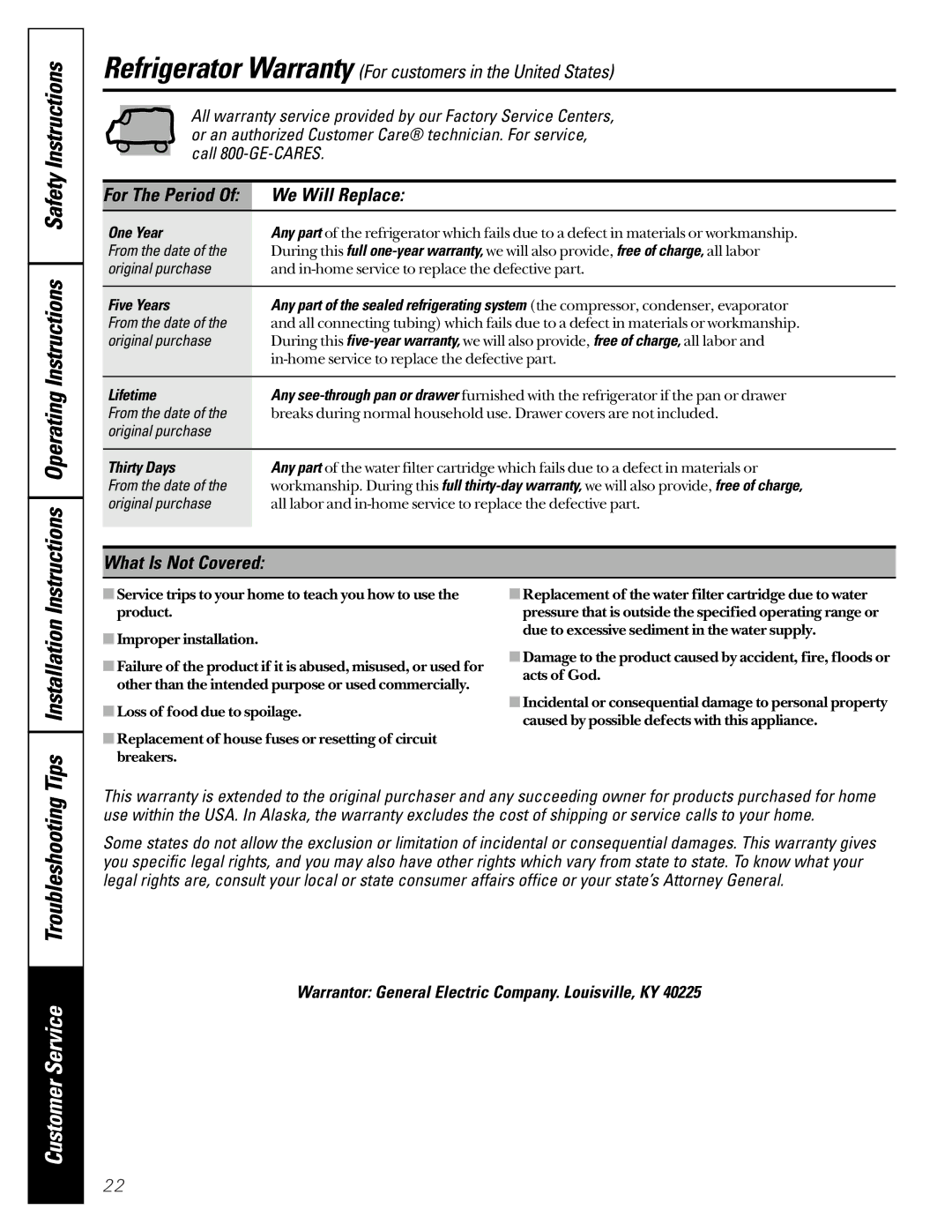 GE 162D6733P007 OperatingInstructions SafetyInstructions, We Will Replace, What Is Not Covered, TroubleshootingTips 