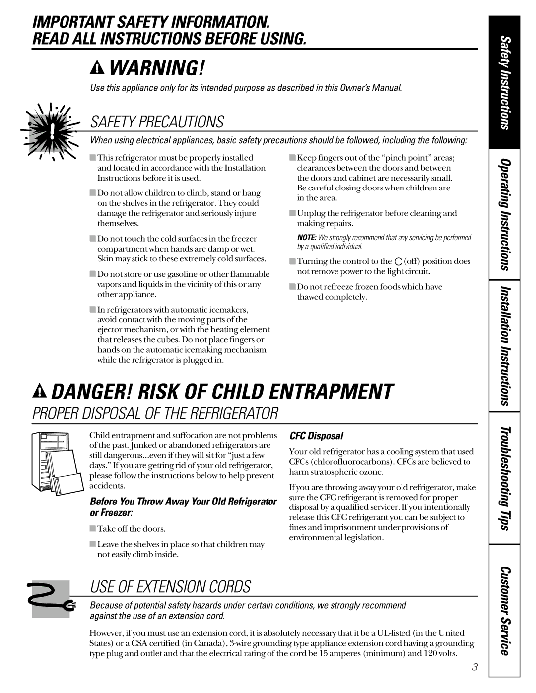 GE 162D6733P007 owner manual Troubleshooting Tips, Before You Throw Away Your Old Refrigerator or Freezer, CFC Disposal 