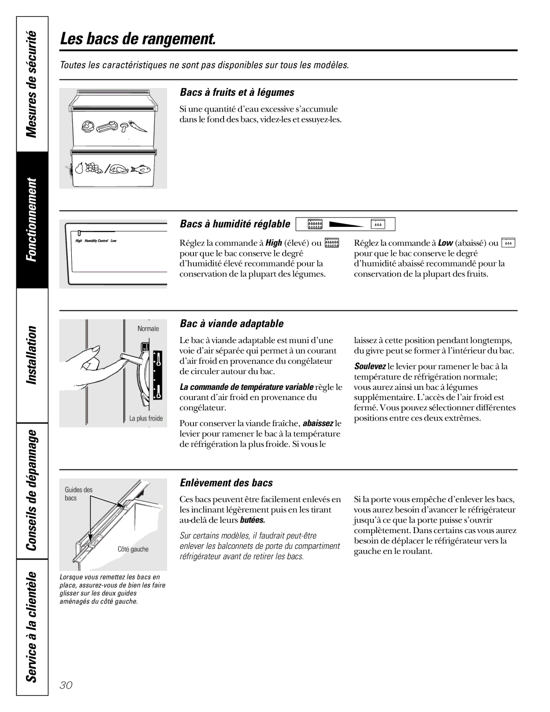 GE 162D6733P007 owner manual Les bacs de rangement, Installation Dépannage, Service à la clientèle Conseils de 