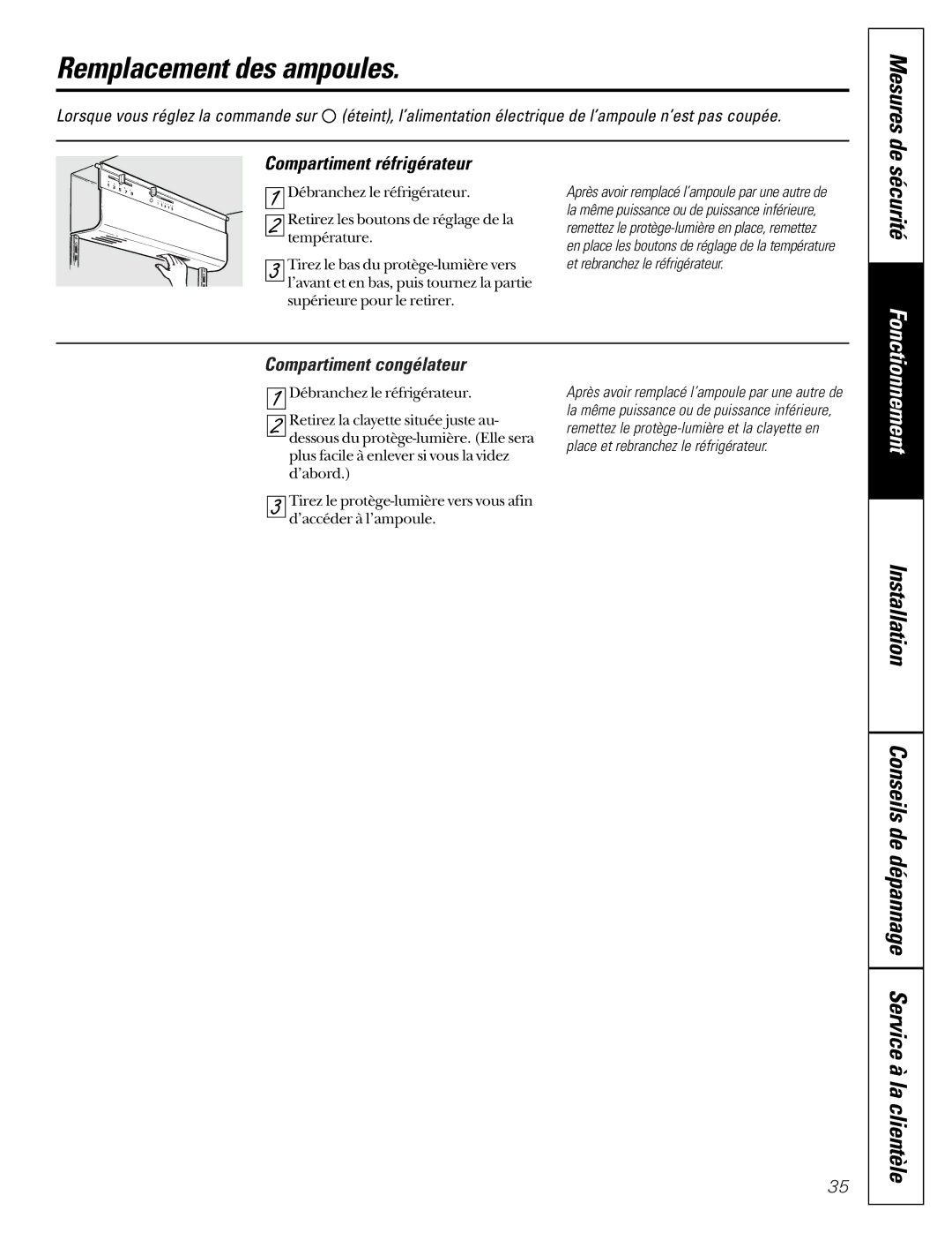 GE 162D6733P007 owner manual Remplacement des ampoules, Mesures de, Compartiment réfrigérateur, Compartiment congélateur 