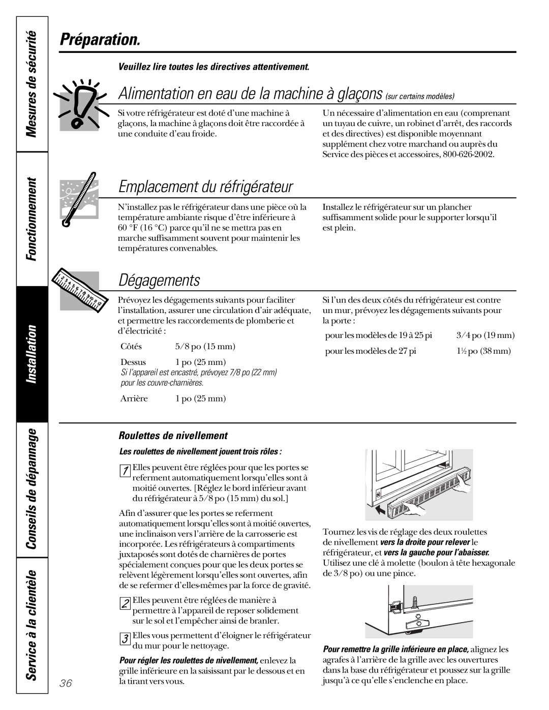 GE 162D6733P007 owner manual Préparation, Emplacement du réfrigérateur, Dégagements, Mesures de sécurité Fonctionnement 