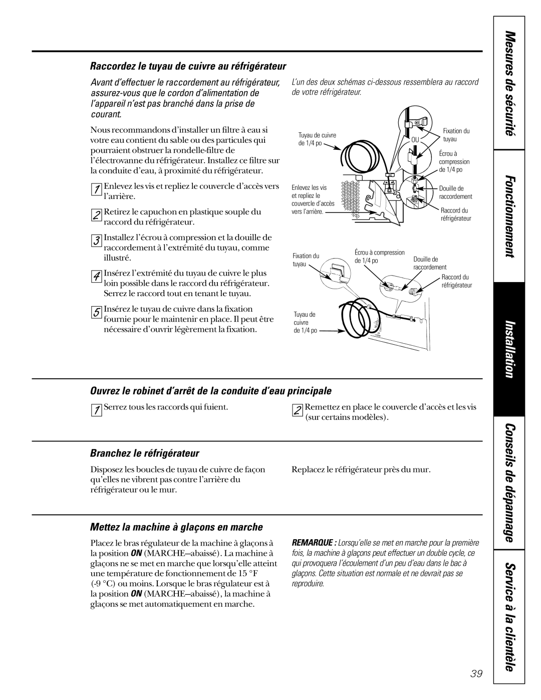 GE 162D6733P007 owner manual Mesures, Raccordez le tuyau de cuivre au réfrigérateur, Branchez le réfrigérateur 