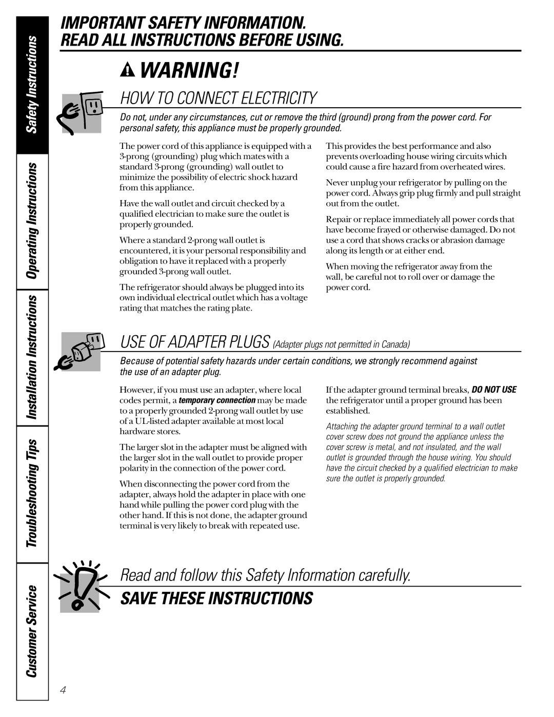 GE 162D6733P007 owner manual OperatingInstructions, TroubleshootingTips, CustomerService 