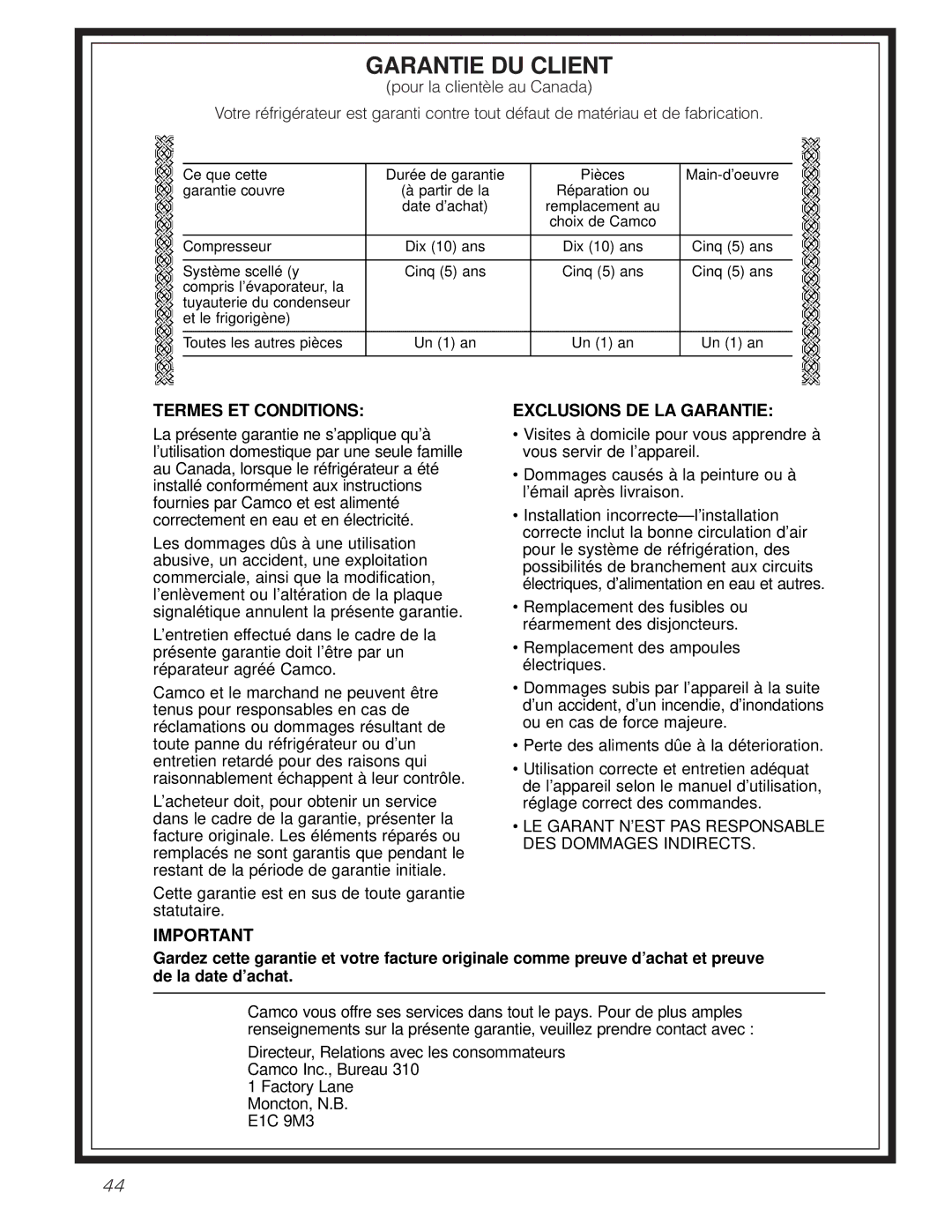 GE 162D6733P007 owner manual Garantie DU Client 