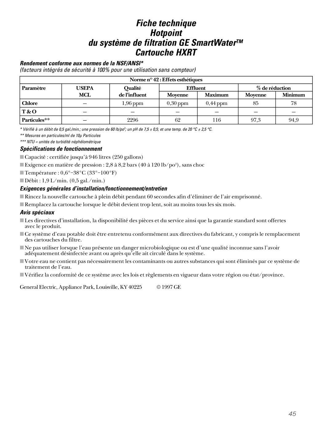 GE 162D6733P007 owner manual Rendement conforme aux normes de la NSF/ANSI, Spécifications de fonctionnement, Avis spéciaux 