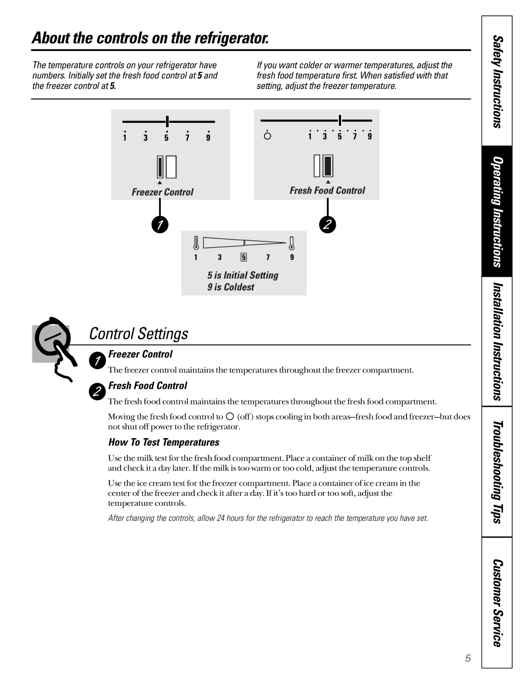 GE 162D6733P007 owner manual About the controls on the refrigerator, Control Settings, Freezer Control, Fresh Food Control 