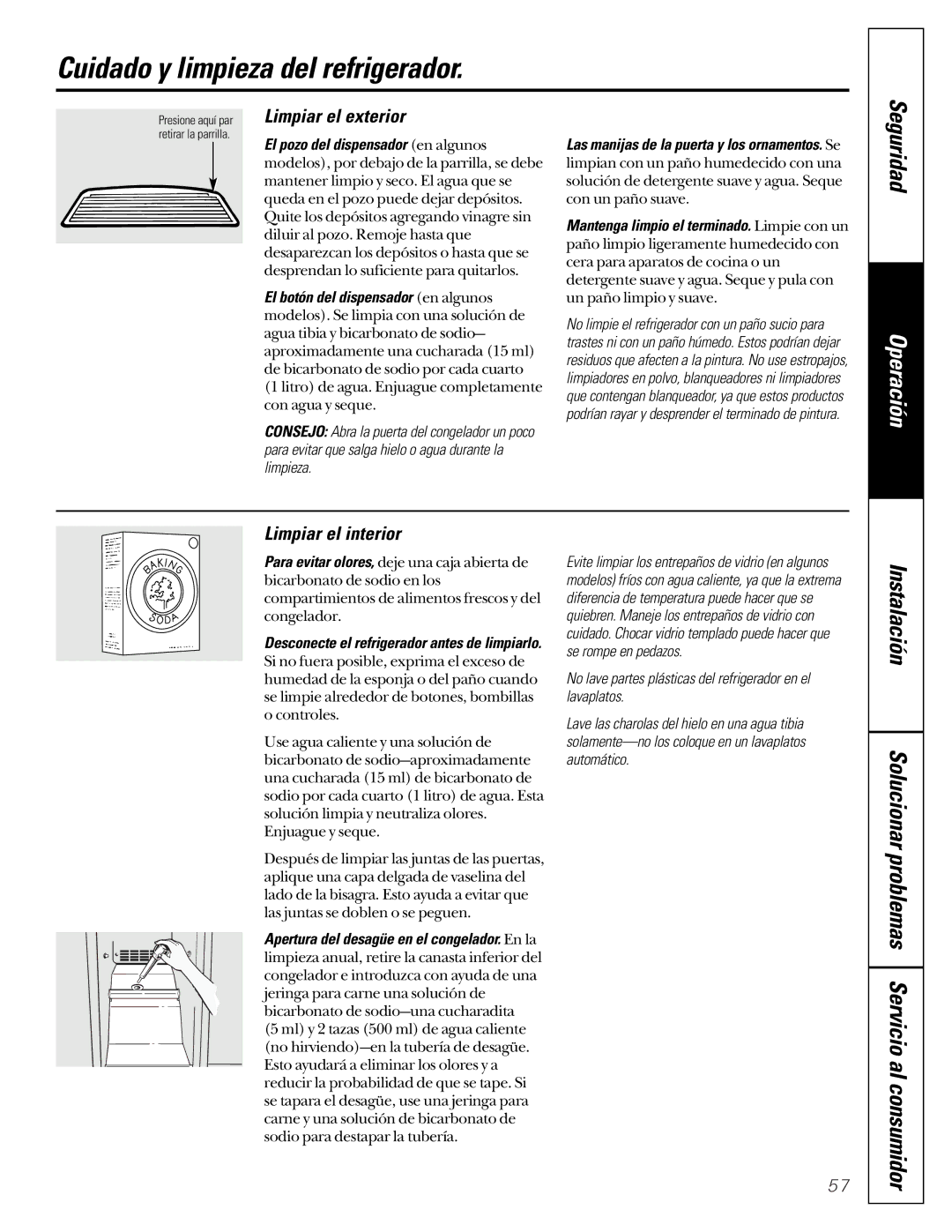 GE 162D6733P007 owner manual Cuidado y limpieza del refrigerador, Limpiar el exterior, Limpiar el interior 