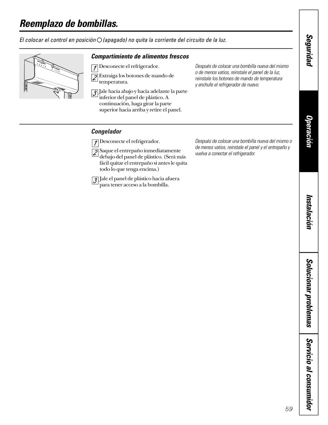 GE 162D6733P007 owner manual Reemplazo de bombillas, Compartimiento de alimentos frescos, Congelador, Seguridad 