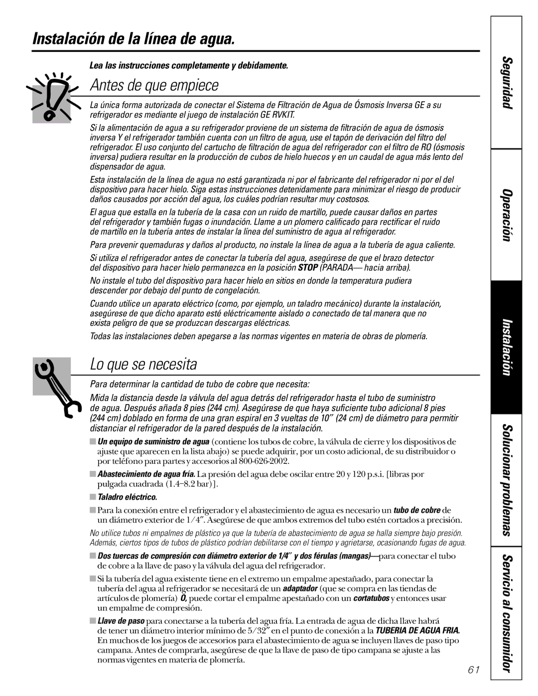 GE 162D6733P007 owner manual Instalación de la línea de agua, Antes de que empiece, Lo que se necesita, Taladro eléctrico 