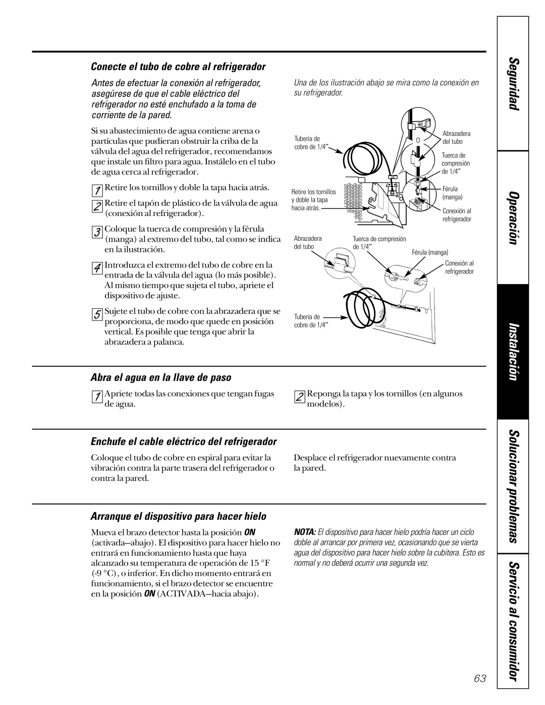 GE 162D6733P007 owner manual Conecte el tubo de cobre al refrigerador, Abra el agua en la llave de paso 