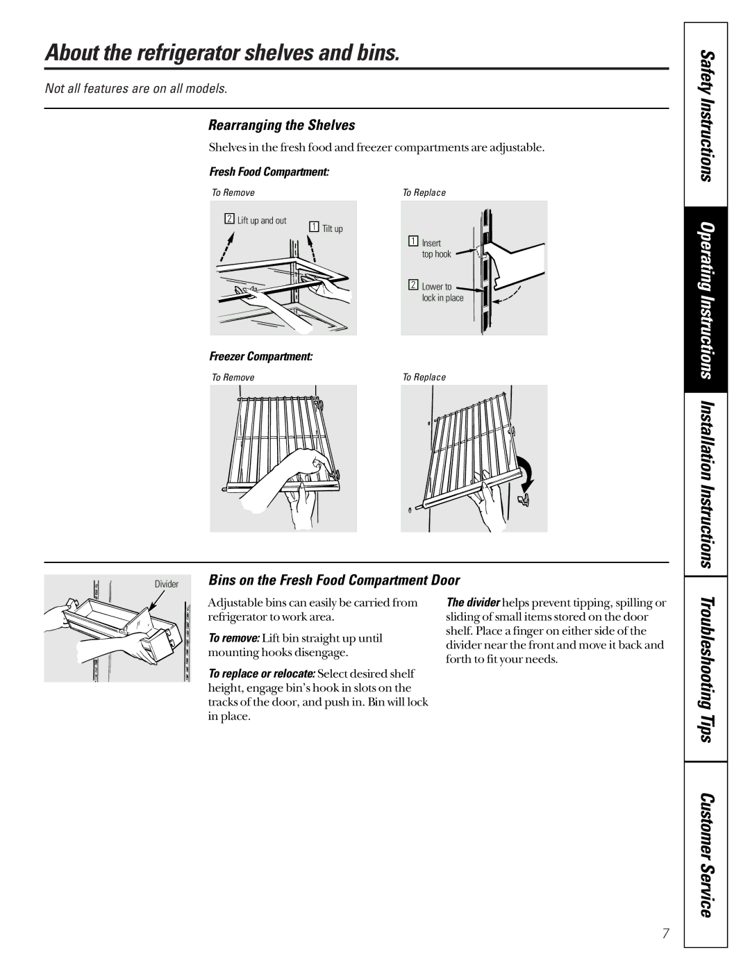 GE 162D6733P007 owner manual About the refrigerator shelves and bins, Installation Instructions, Safety Instructions 