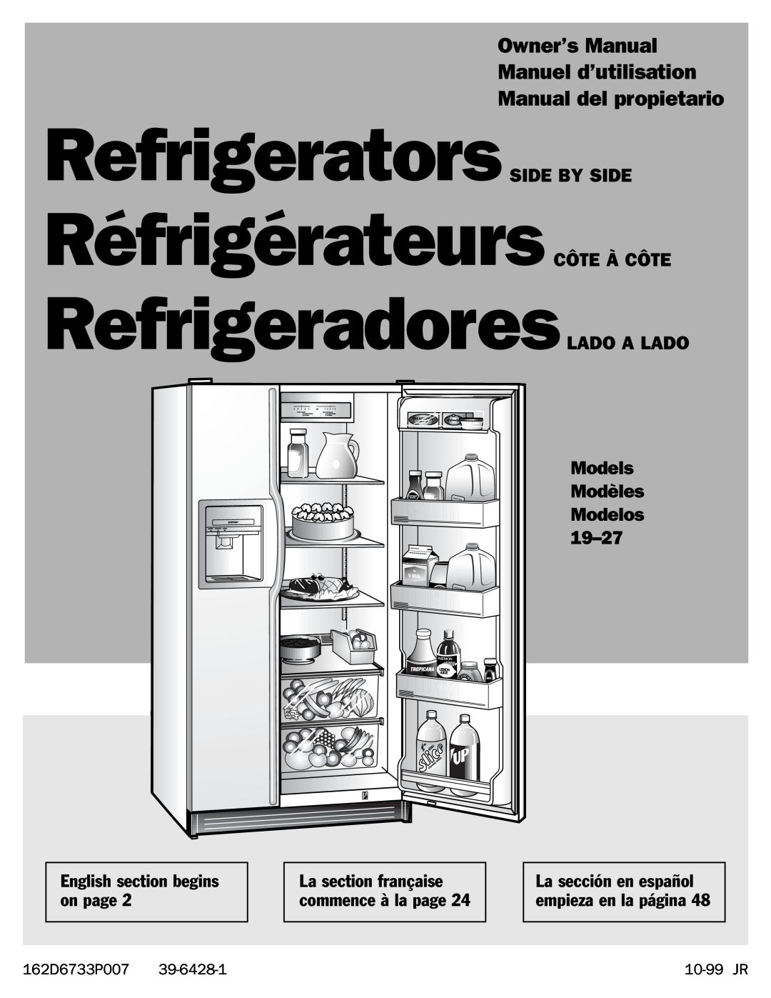 GE 162D6733P007 owner manual RefrigeradoresLADO A LADO, RefrigeratorsSIDE BY SIDE Réfrigérateurs CÔTE À CÔTE, 39-6428-1 