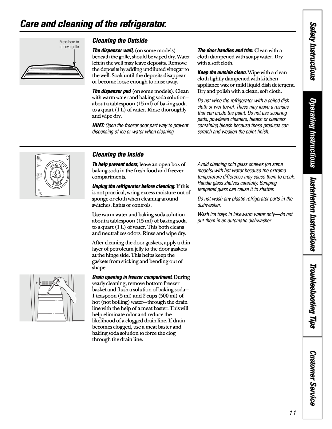 GE 162D6733P007 Care and cleaning of the refrigerator, Installation Instructions Troubleshooting Tips, Cleaning the Inside 