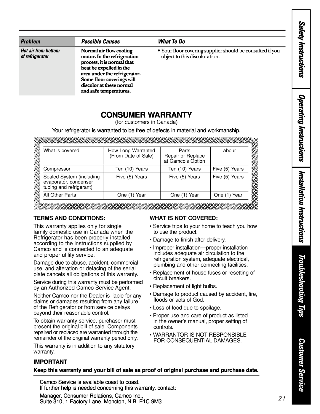 GE 162D6733P007 Consumer Warranty, Service, Safety Instructions Operating Instructions Installation, Terms And Conditions 