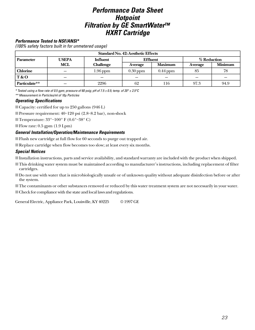 GE 162D6733P007 Performance Data Sheet Hotpoint Filtration by GE SmartWaterTM, HXRT Cartridge, Operating Specifications 