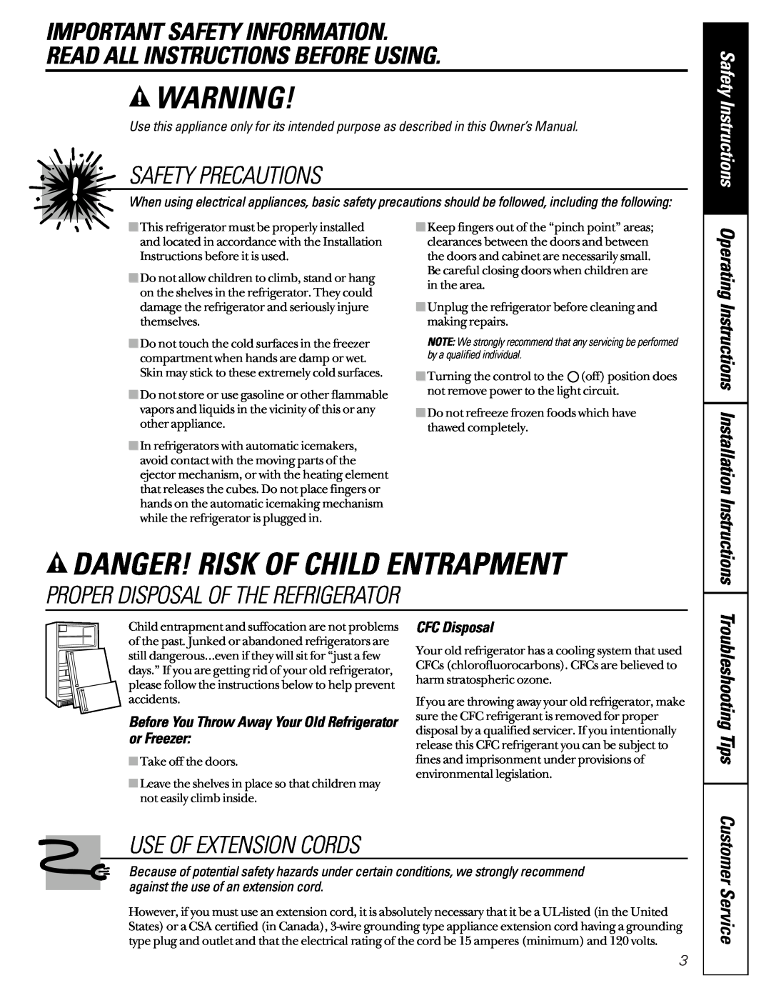 GE 162D6733P007 Danger! Risk Of Child Entrapment, Important Safety Information Read All Instructions Before Using 