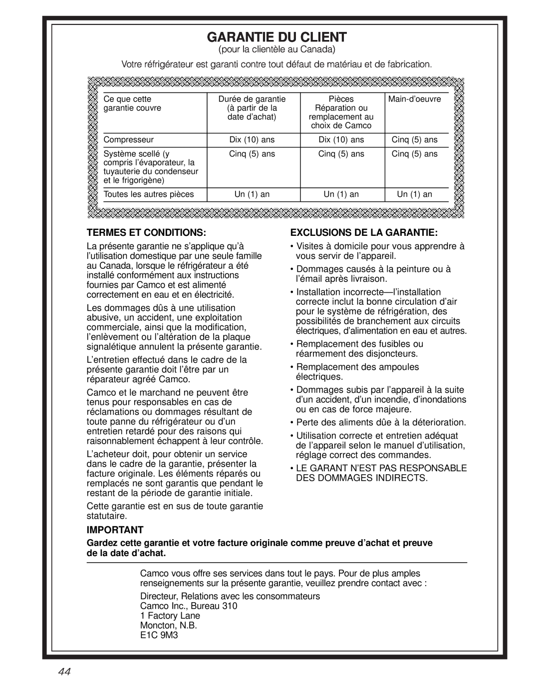 GE 162D6733P007 owner manual Garantie Du Client, Termes Et Conditions, Exclusions De La Garantie 