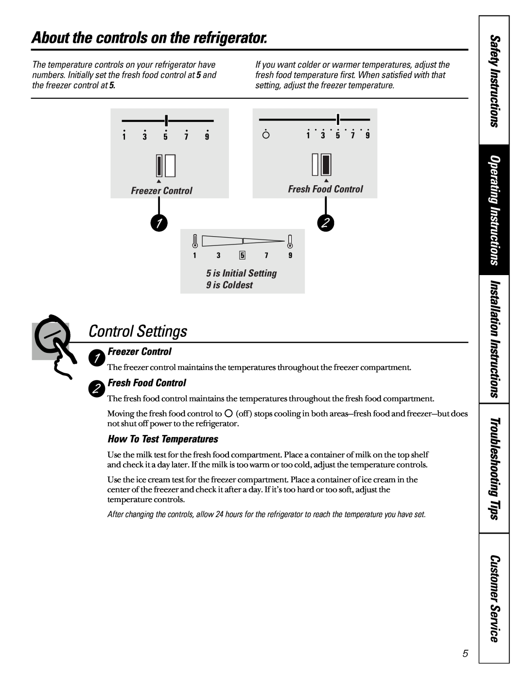 GE 162D6733P007 owner manual About the controls on the refrigerator, Control Settings, Freezer Control, Fresh Food Control 