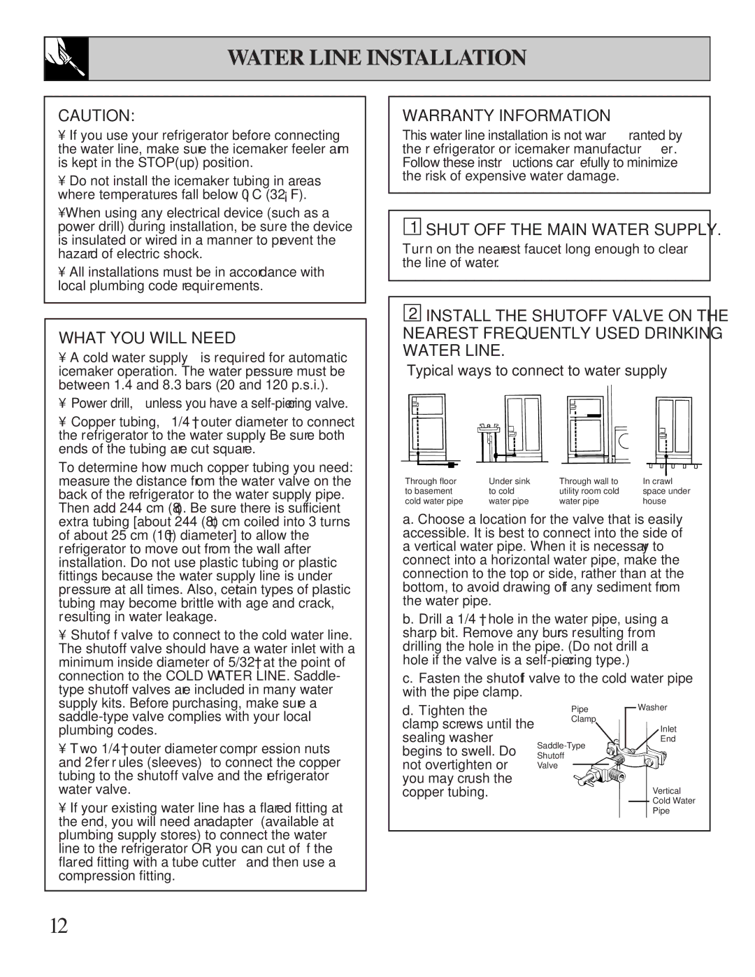 GE 162D7740P005 Water Line Installation, What YOU will Need, Warranty Information, Shut OFF the Main Water Supply 