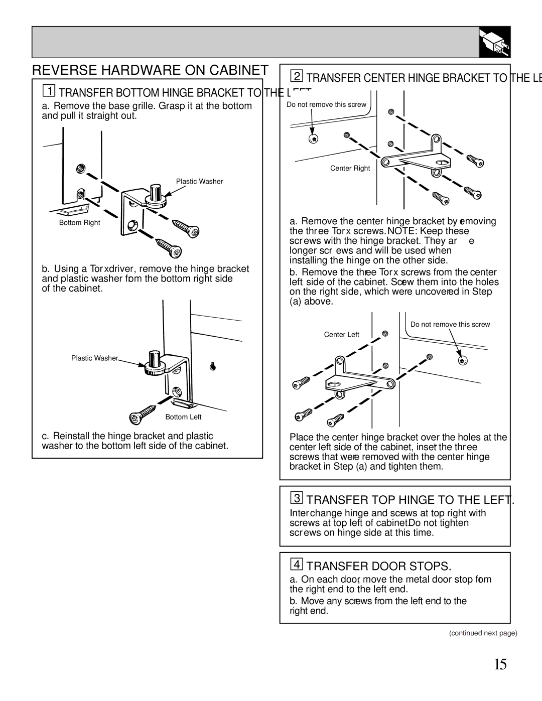 GE 162D7740P005 dimensions Reverse Hardware on Cabinet, Transfer TOP Hinge to the Left, Transfer Door Stops 