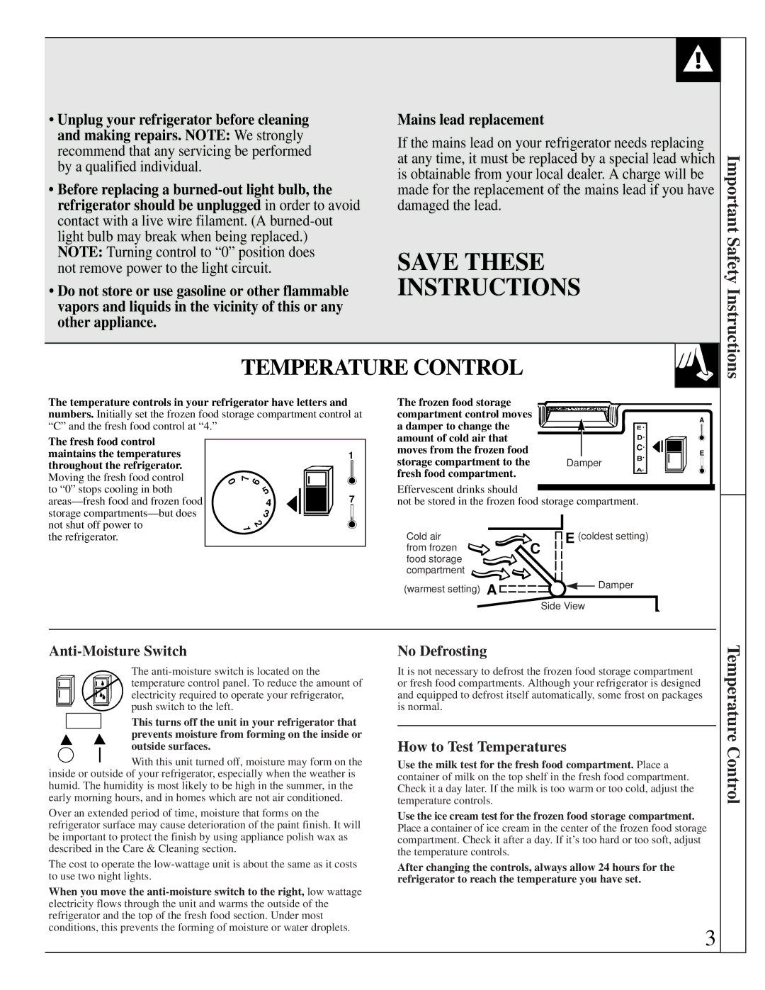 GE 162D7740P005 Temperature Control, Anti-Moisture Switch, No Defrosting, How to Test Temperatures, Fresh food compartment 